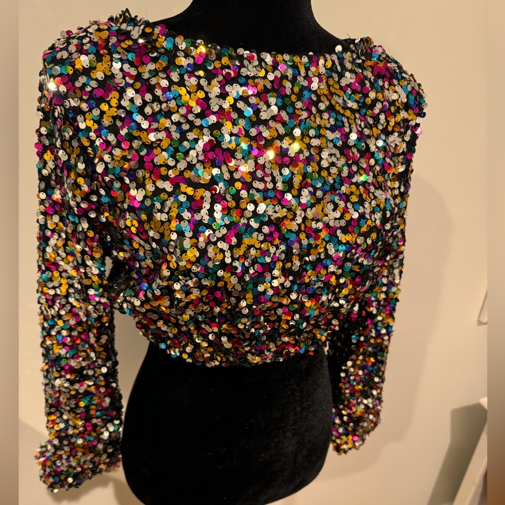 Super Fun & Sparkly Cropped Sequins Long Bell Sleeved Top, Multi-Colored